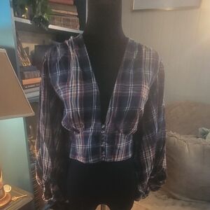 Plaid Deep V Neck Crop Top